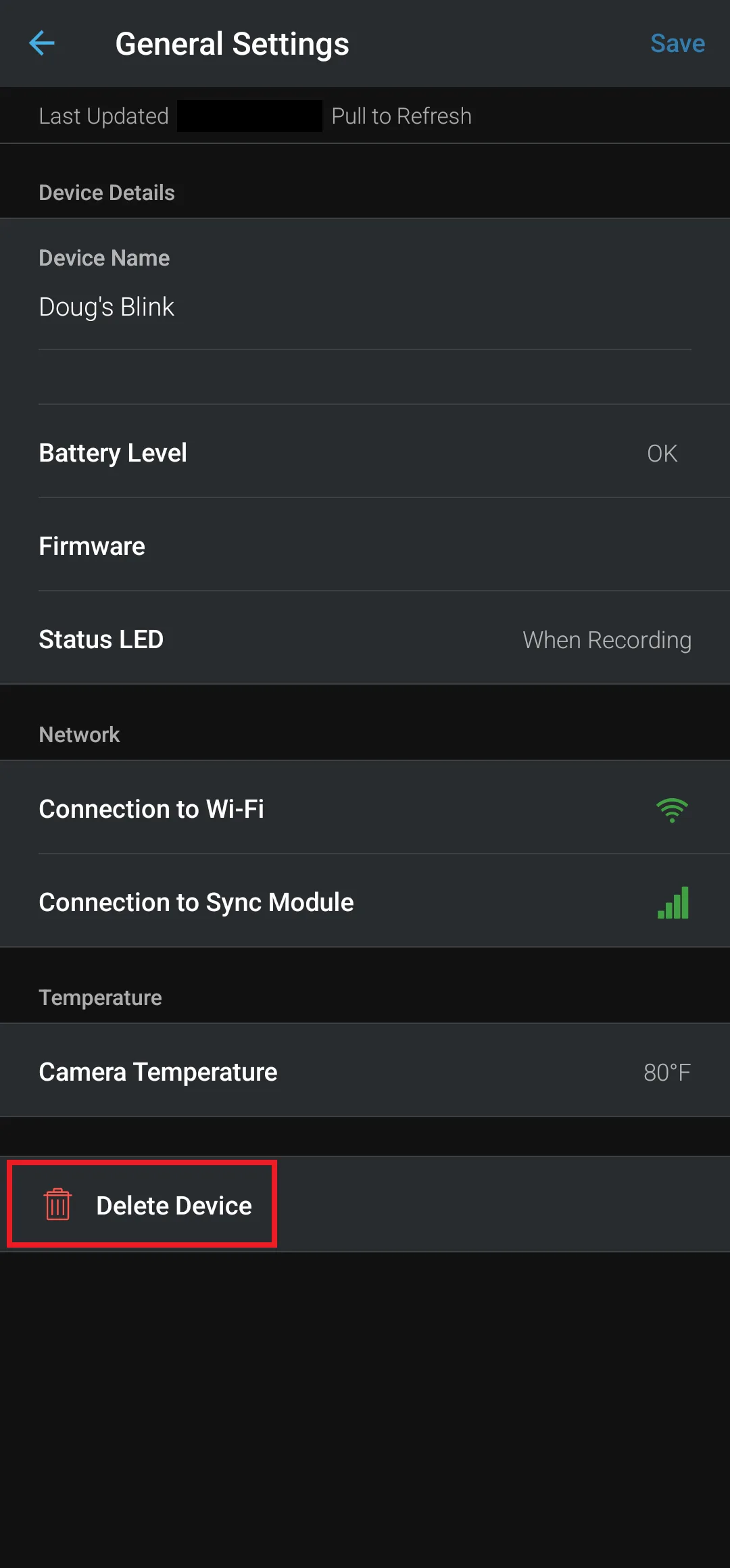 Blink app remove device screen