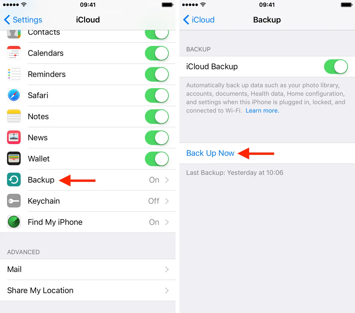 iCloud Backup settings