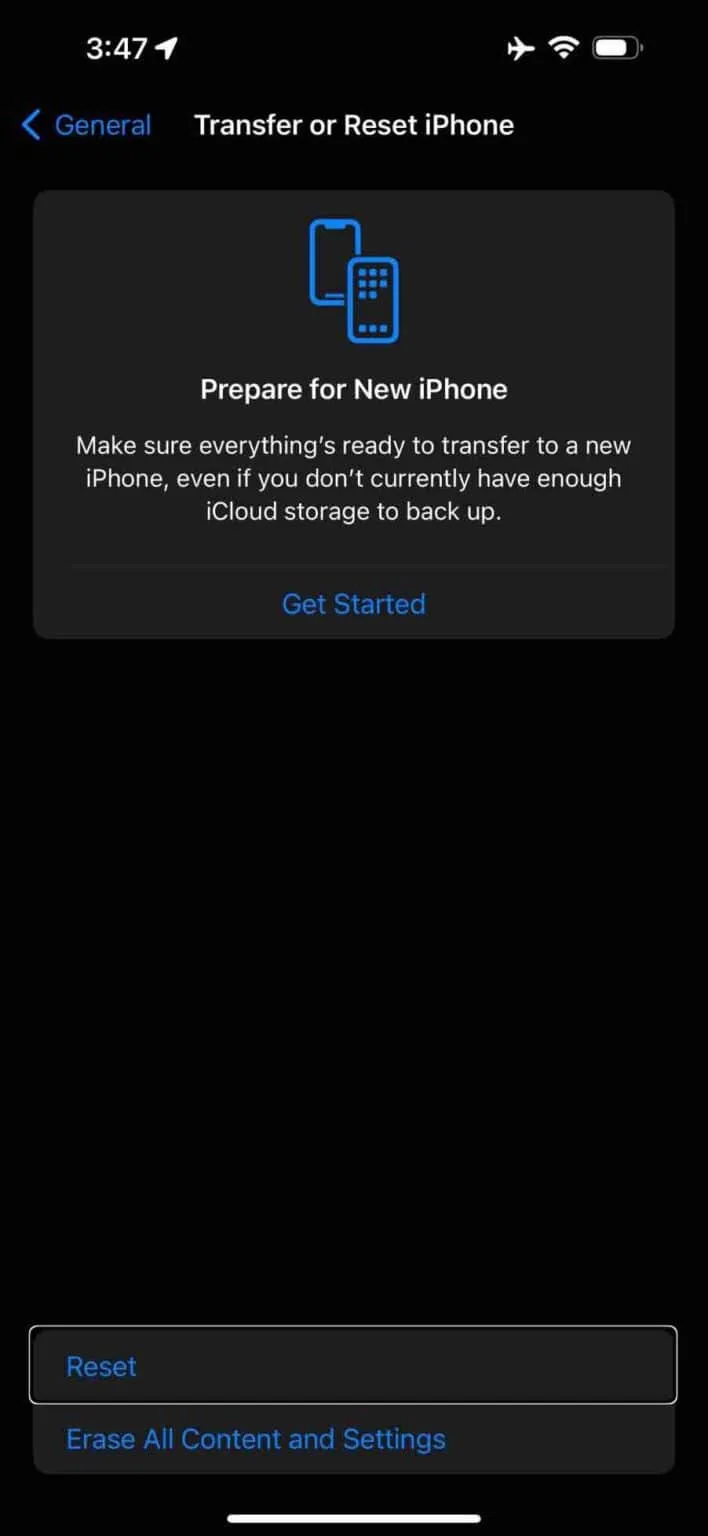 iPhone reset settings