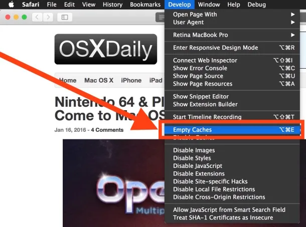 Safari Develop menu empty caches Mac